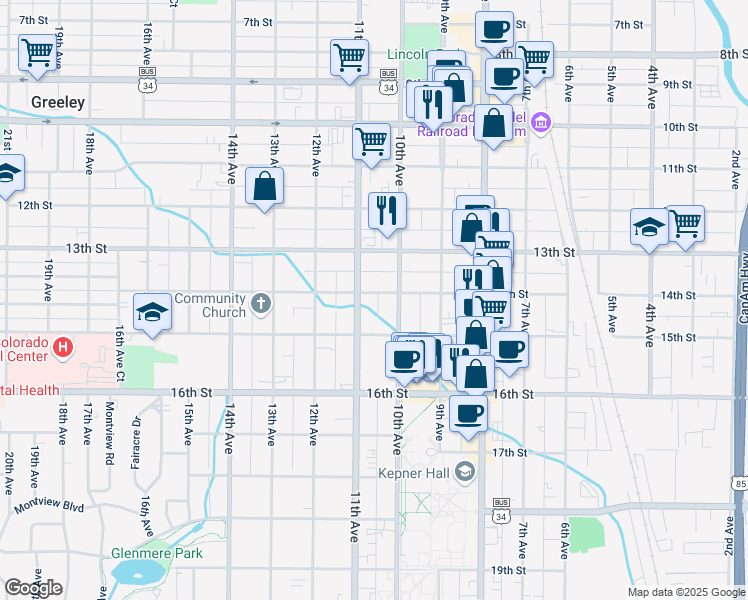 map of restaurants, bars, coffee shops, grocery stores, and more near 1018 14th Street in Greeley