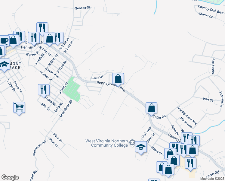 map of restaurants, bars, coffee shops, grocery stores, and more near 202 Clay Street in Weirton