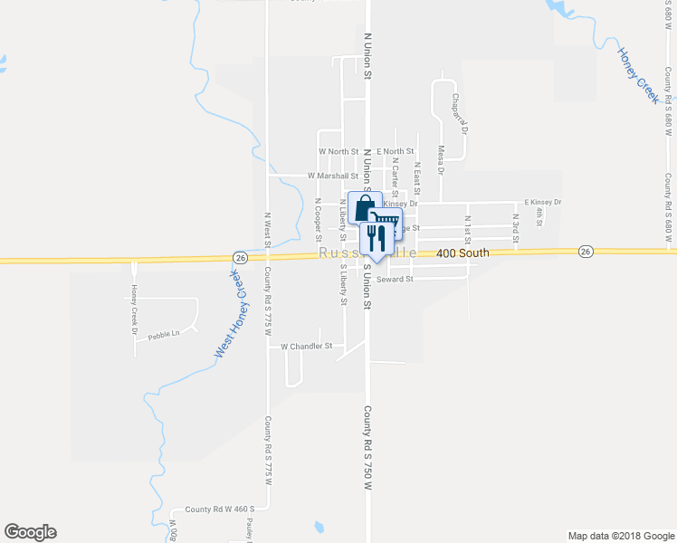 map of restaurants, bars, coffee shops, grocery stores, and more near 167 South Liberty Street in Russiaville