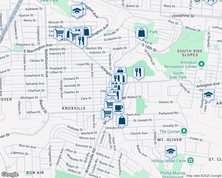map of restaurants, bars, coffee shops, grocery stores, and more near 134 East Amanda Avenue in Pittsburgh