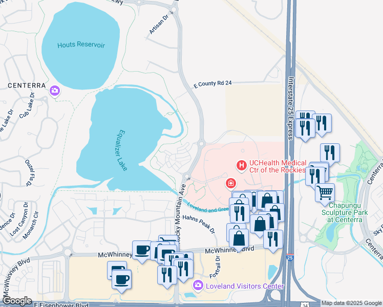 map of restaurants, bars, coffee shops, grocery stores, and more near 2433 Rocky Mountain Avenue in Loveland