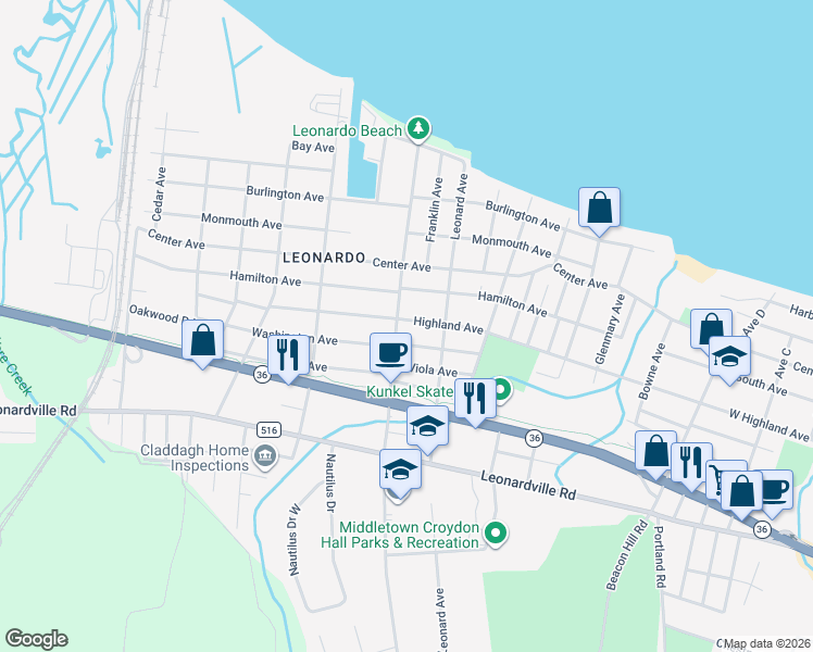 map of restaurants, bars, coffee shops, grocery stores, and more near 56 Highland Avenue in Middletown