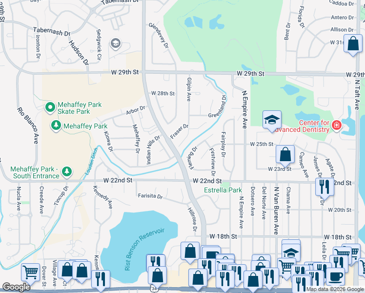 map of restaurants, bars, coffee shops, grocery stores, and more near 2526 Gilpin Court in Loveland