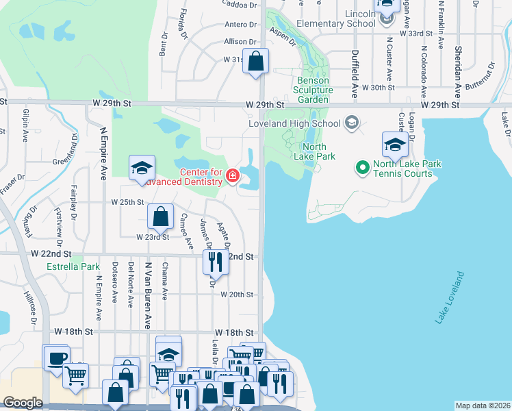 map of restaurants, bars, coffee shops, grocery stores, and more near 2503 North Taft Avenue in Loveland