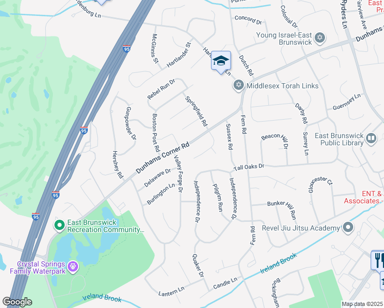 map of restaurants, bars, coffee shops, grocery stores, and more near 299 Dunhams Corner Road in East Brunswick