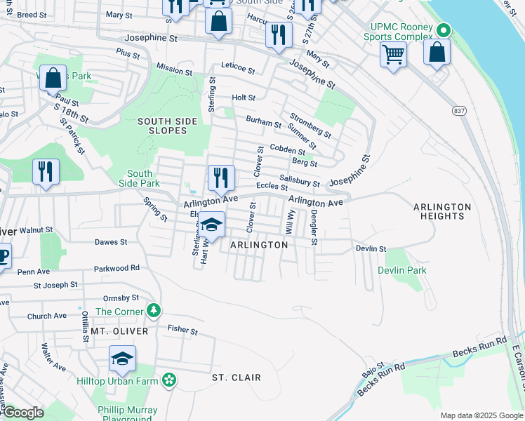map of restaurants, bars, coffee shops, grocery stores, and more near 2506 Arlington Avenue in Pittsburgh