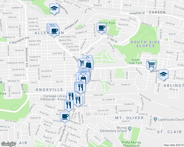 map of restaurants, bars, coffee shops, grocery stores, and more near 101 Brownsville Road in Pittsburgh