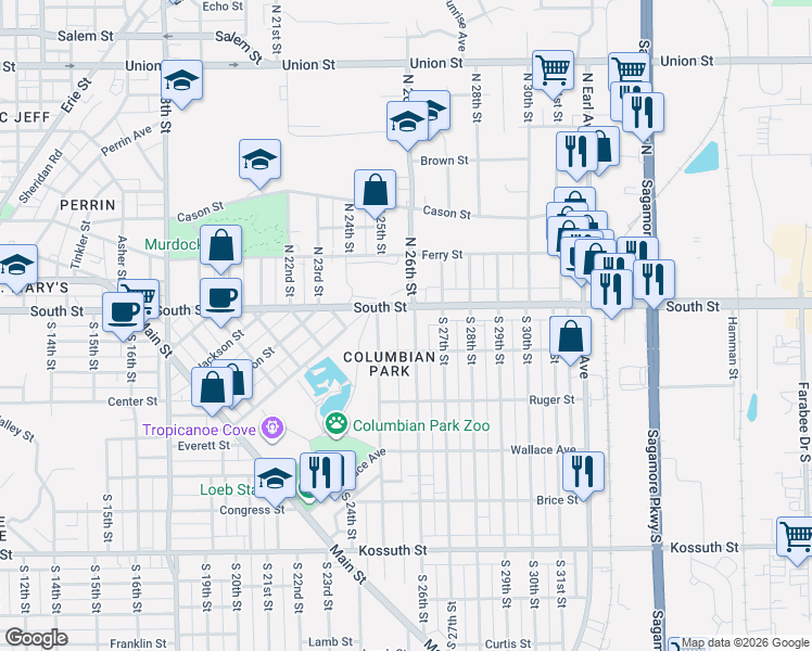 map of restaurants, bars, coffee shops, grocery stores, and more near 2525 South Street in Lafayette