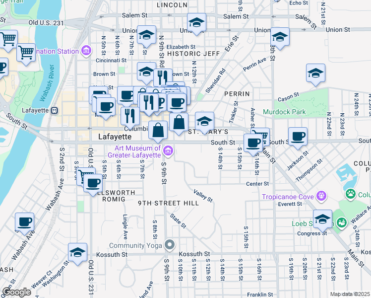 map of restaurants, bars, coffee shops, grocery stores, and more near 1300 South Street in Lafayette