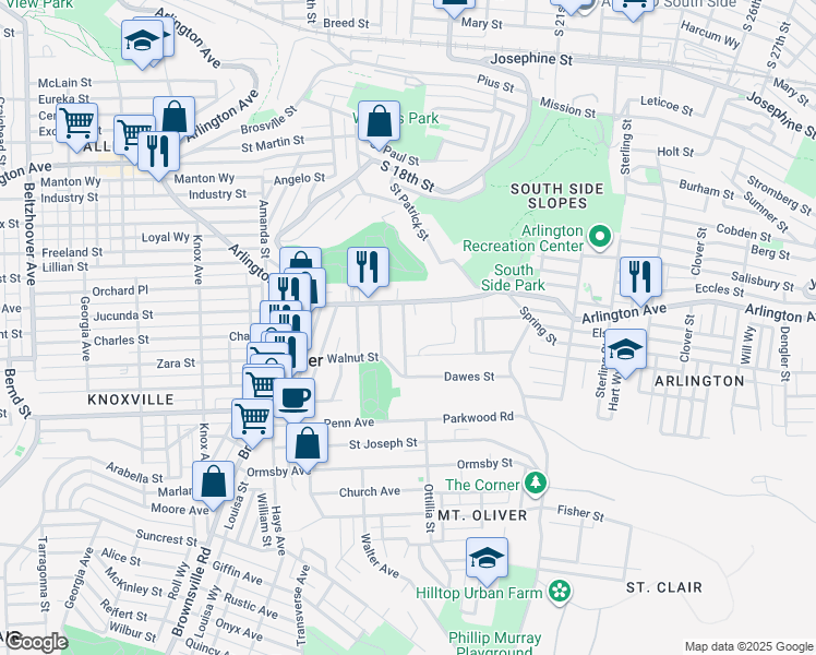 map of restaurants, bars, coffee shops, grocery stores, and more near 1786 Arlington Avenue in Pittsburgh