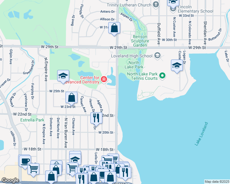 map of restaurants, bars, coffee shops, grocery stores, and more near 2507 North Taft Avenue in Loveland