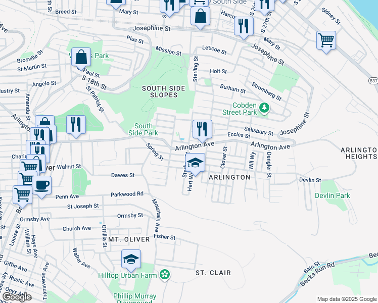 map of restaurants, bars, coffee shops, grocery stores, and more near 2300 Arlington Avenue in Pittsburgh