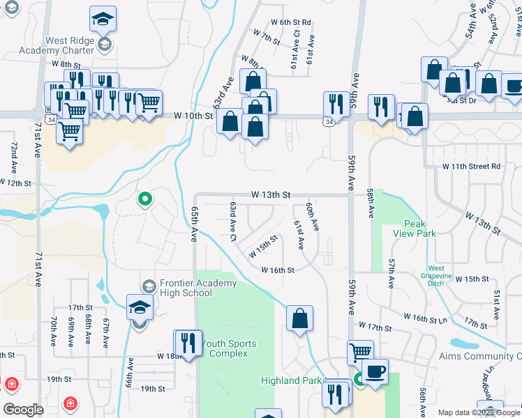 map of restaurants, bars, coffee shops, grocery stores, and more near 6221 West 13th Street Road in Greeley