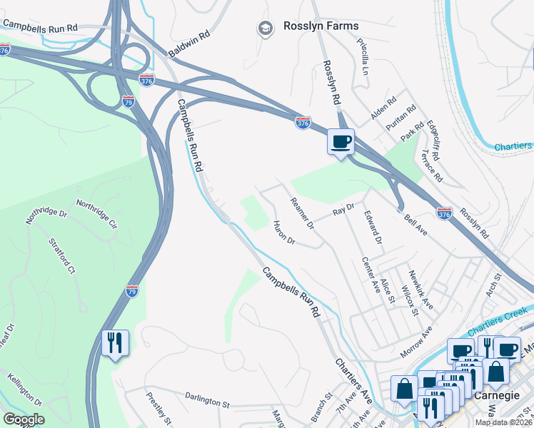 map of restaurants, bars, coffee shops, grocery stores, and more near 137 Huron Drive in Carnegie