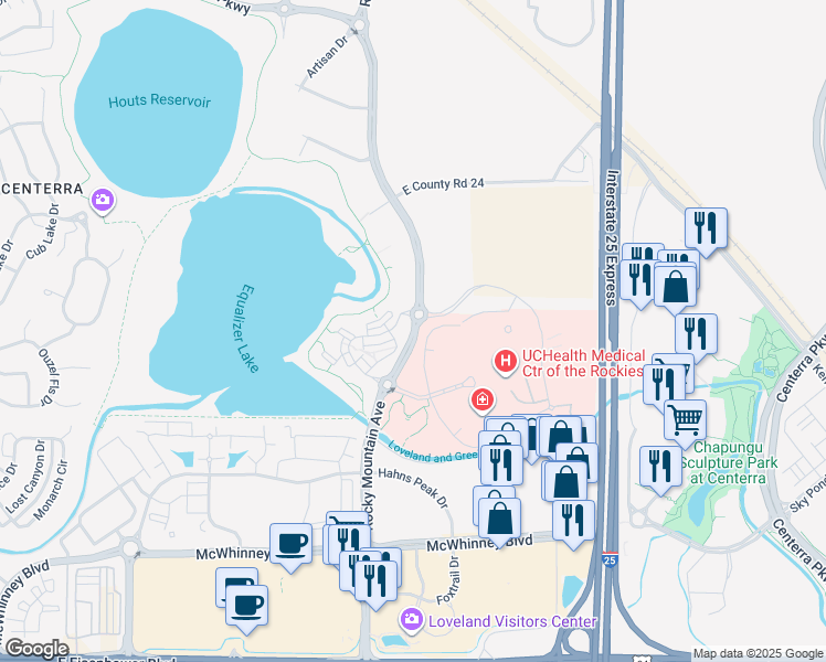 map of restaurants, bars, coffee shops, grocery stores, and more near 2331 Rocky Mountain Avenue in Loveland