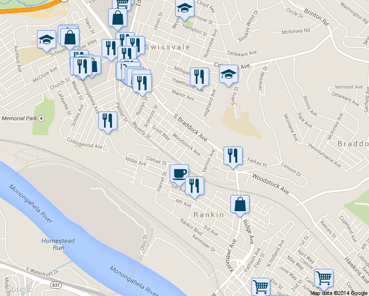 map of restaurants, bars, coffee shops, grocery stores, and more near 2413 Woodstock Avenue in Pittsburgh