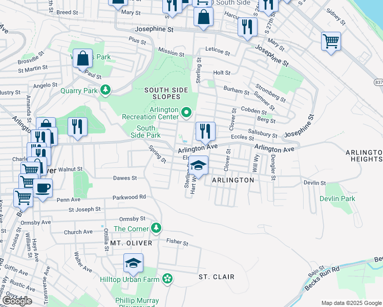 map of restaurants, bars, coffee shops, grocery stores, and more near 2233 Arlington Avenue in Pittsburgh