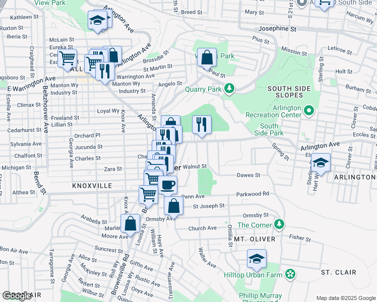 map of restaurants, bars, coffee shops, grocery stores, and more near 1750 Arlington Avenue in Pittsburgh