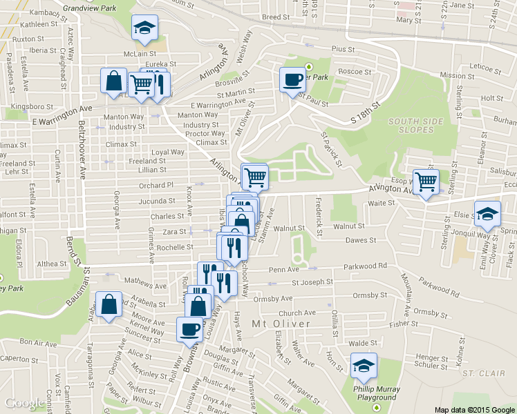 map of restaurants, bars, coffee shops, grocery stores, and more near 101 Brownsville Road in Pittsburgh