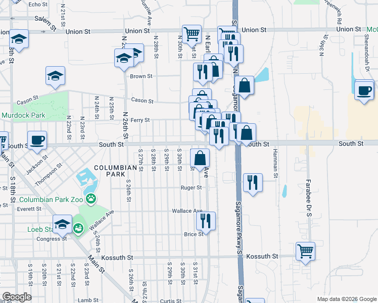 map of restaurants, bars, coffee shops, grocery stores, and more near 3023 South Street in Lafayette