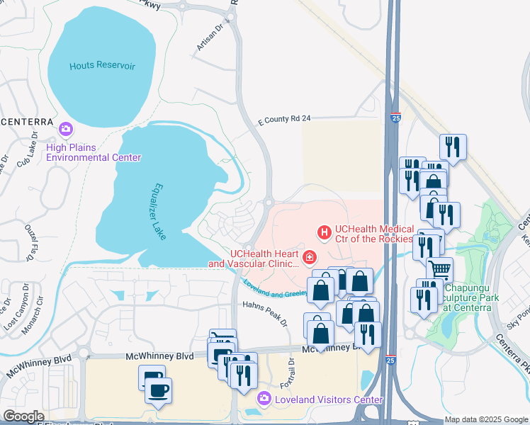 map of restaurants, bars, coffee shops, grocery stores, and more near 2325 Rocky Mountain Avenue in Loveland