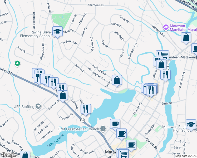 map of restaurants, bars, coffee shops, grocery stores, and more near 161 Washington Avenue in Matawan