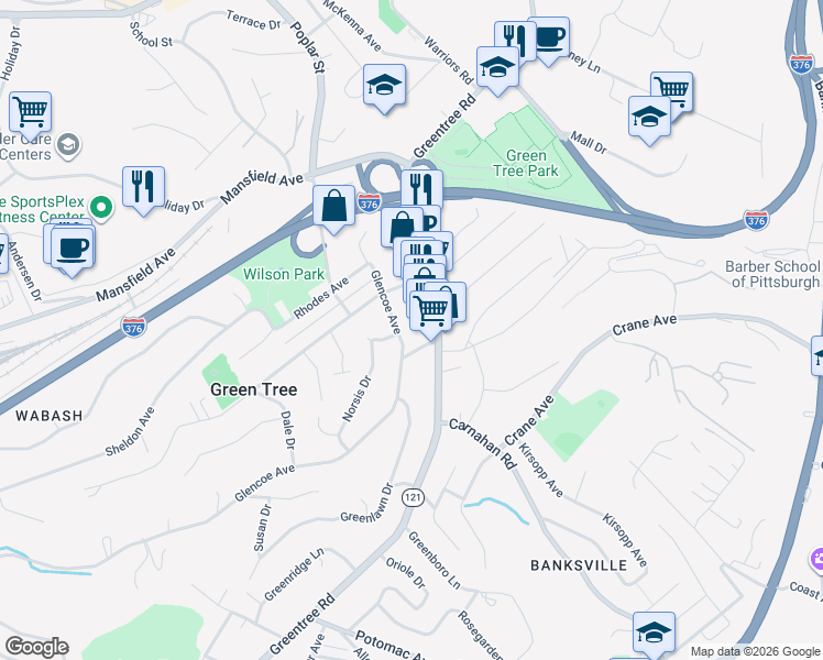 map of restaurants, bars, coffee shops, grocery stores, and more near 996 Greentree Road in Pittsburgh