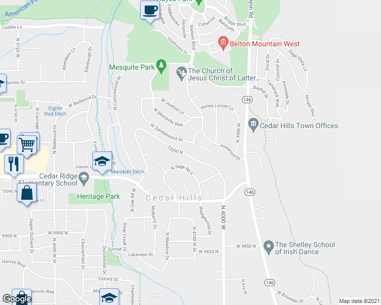 map of restaurants, bars, coffee shops, grocery stores, and more near 4122 West Oak Road North in Cedar Hills