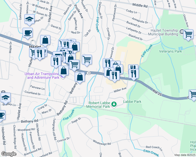 map of restaurants, bars, coffee shops, grocery stores, and more near 100 Village Court in Hazlet