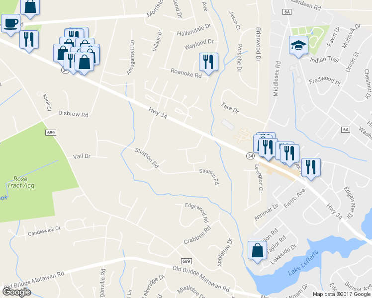 map of restaurants, bars, coffee shops, grocery stores, and more near 8 Sheila Court in Matawan