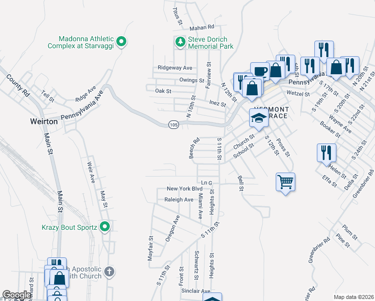 map of restaurants, bars, coffee shops, grocery stores, and more near 262 Beech Road in Weirton
