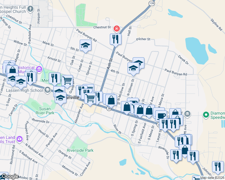 map of restaurants, bars, coffee shops, grocery stores, and more near 200 Hall Street in Susanville
