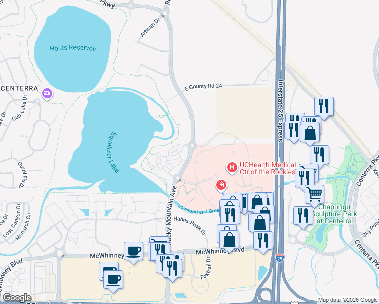 map of restaurants, bars, coffee shops, grocery stores, and more near 2313 Rocky Mountain Avenue in Loveland