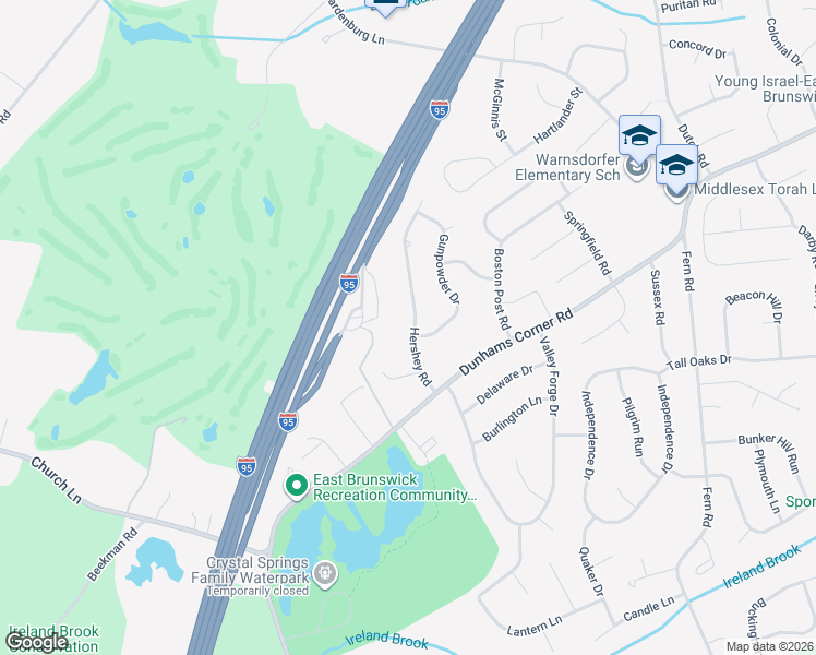 map of restaurants, bars, coffee shops, grocery stores, and more near 18 Hershey Road in East Brunswick