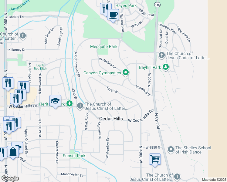 map of restaurants, bars, coffee shops, grocery stores, and more near 4135 West Sandalwood Drive in Cedar Hills