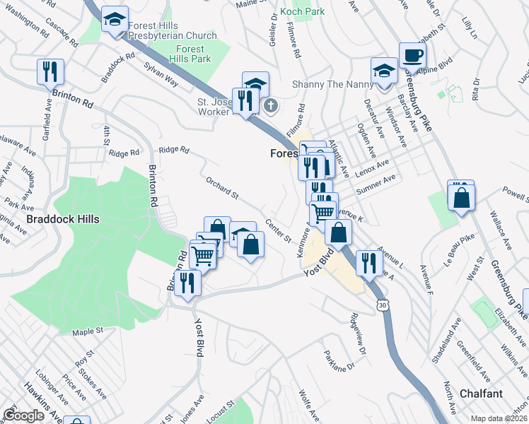 map of restaurants, bars, coffee shops, grocery stores, and more near 101 Orchard Street in Pittsburgh