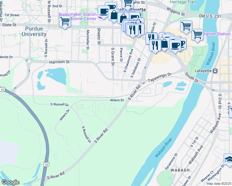 map of restaurants, bars, coffee shops, grocery stores, and more near 440 South Grant Street in West Lafayette