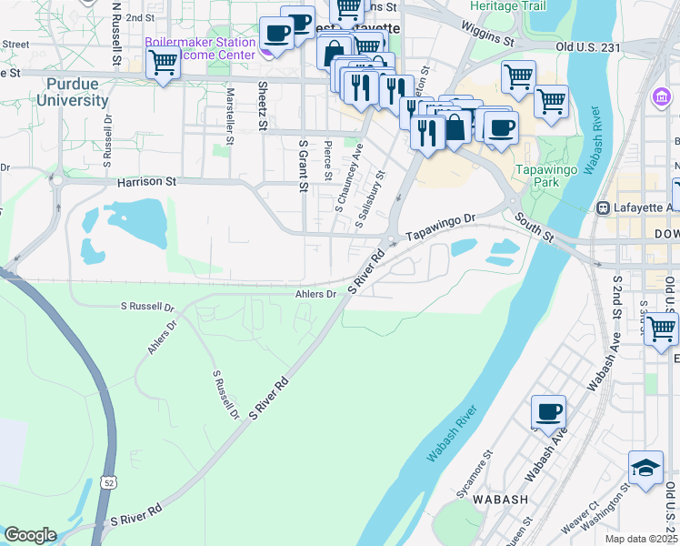map of restaurants, bars, coffee shops, grocery stores, and more near 428 South Chauncey Avenue in West Lafayette