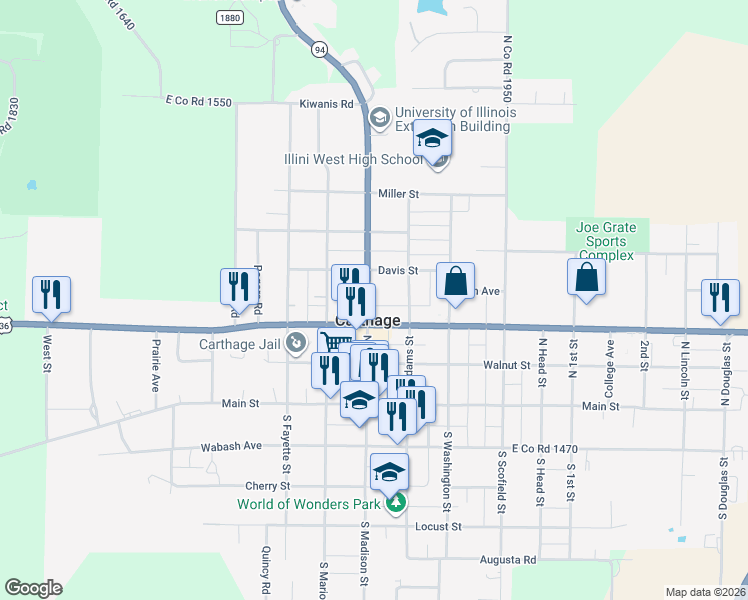 map of restaurants, bars, coffee shops, grocery stores, and more near 222 North Madison Street in Carthage