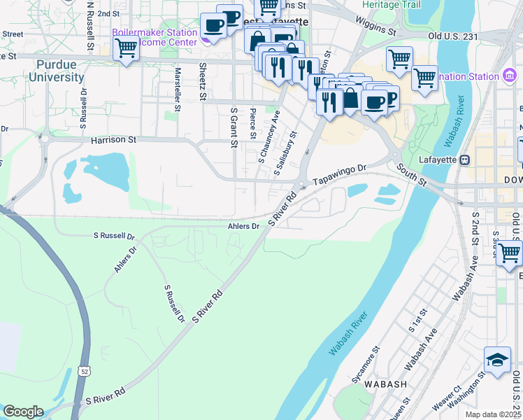 map of restaurants, bars, coffee shops, grocery stores, and more near 440 South Chauncey Avenue in West Lafayette