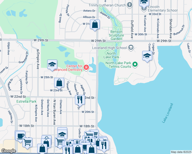 map of restaurants, bars, coffee shops, grocery stores, and more near 2520 Abarr Drive in Loveland