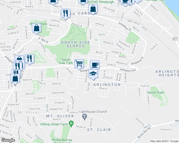 map of restaurants, bars, coffee shops, grocery stores, and more near 2233 Arlington Avenue in Pittsburgh