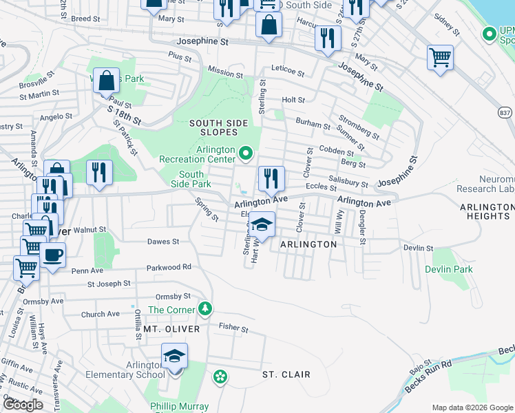 map of restaurants, bars, coffee shops, grocery stores, and more near 2233 Arlington Avenue in Pittsburgh