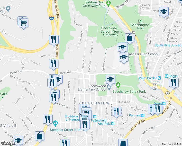 map of restaurants, bars, coffee shops, grocery stores, and more near 1120 Dagmar Avenue in Pittsburgh