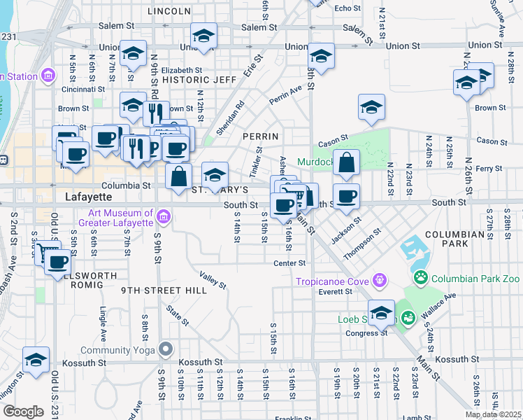 map of restaurants, bars, coffee shops, grocery stores, and more near 1444 South Street in Lafayette