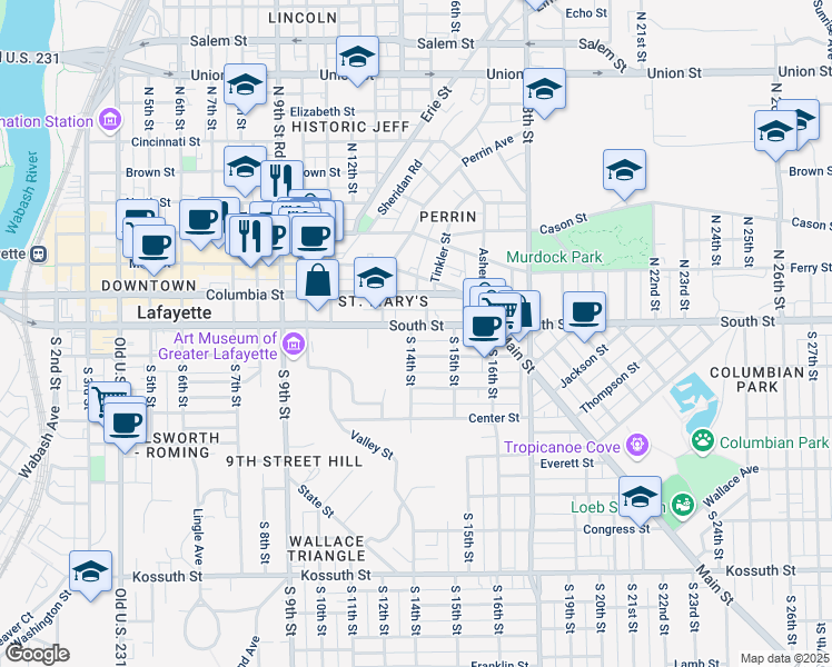 map of restaurants, bars, coffee shops, grocery stores, and more near 1332 South Street in Lafayette