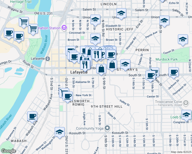 map of restaurants, bars, coffee shops, grocery stores, and more near 760 South Street in Lafayette