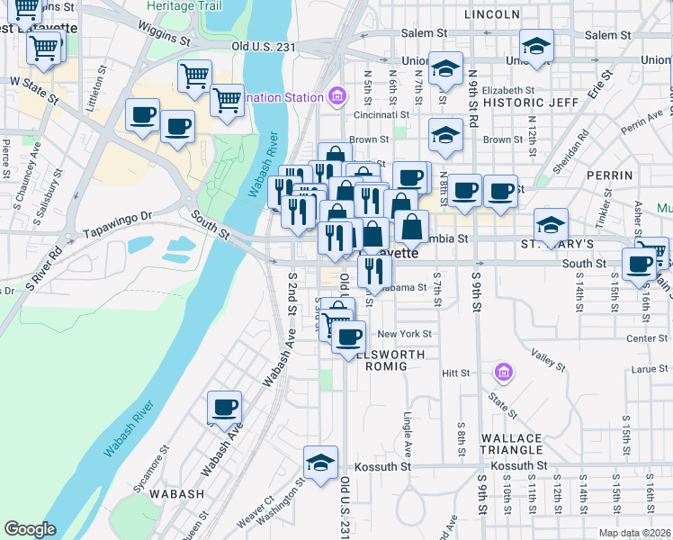 map of restaurants, bars, coffee shops, grocery stores, and more near 2 North 4th Street in Lafayette