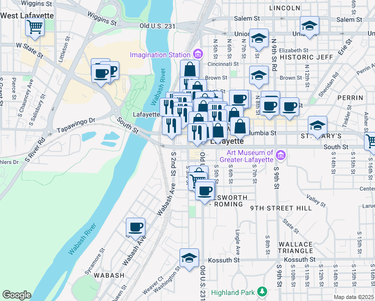 map of restaurants, bars, coffee shops, grocery stores, and more near 8 North 3rd Street in Lafayette