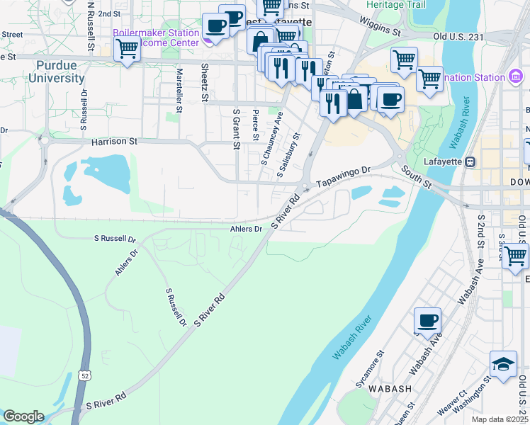 map of restaurants, bars, coffee shops, grocery stores, and more near 428 South Chauncey Avenue in West Lafayette